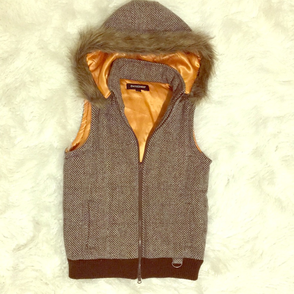 Coffeeshop Tweed Herringbone Hooded Vest, S